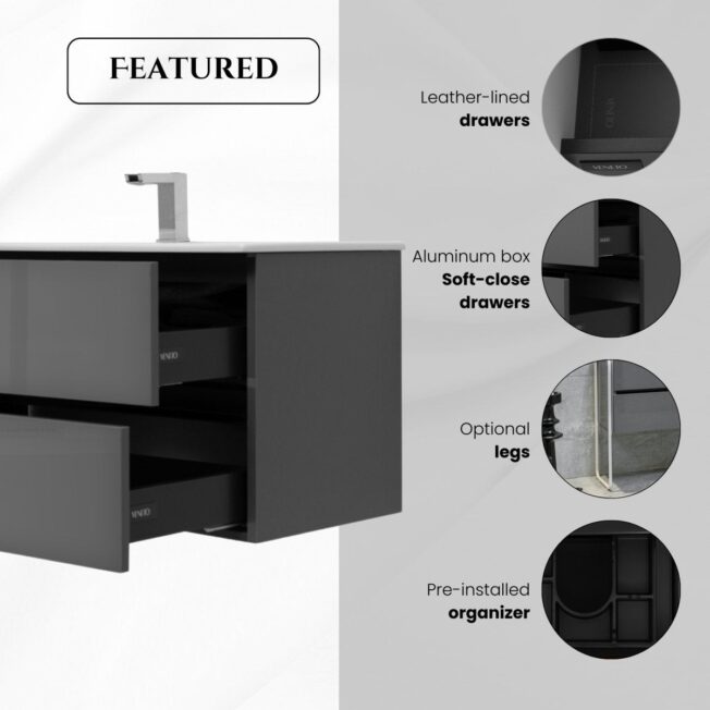 24 Inch High Gloss Anthracite Veneto Floating Bathroom Vanity - Image 2